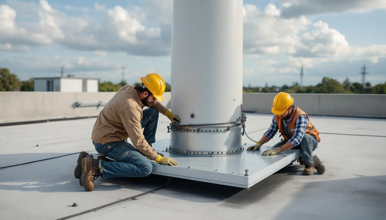 Two installers bolting a vertical-axis turbine base plate to a ballasted rooftop mount.