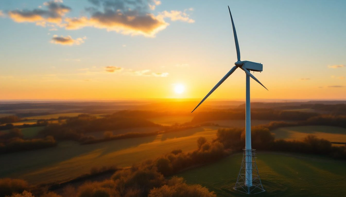Three-blade horizontal-axis residential wind turbine on a steel tower at golden hour.