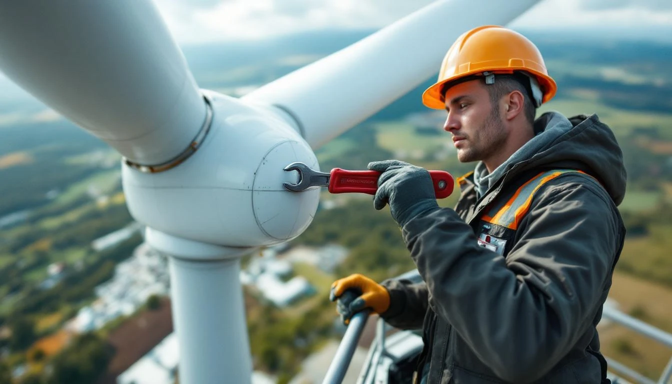 Technician at the top of a tilt-down tower inspecting wind turbine blades.