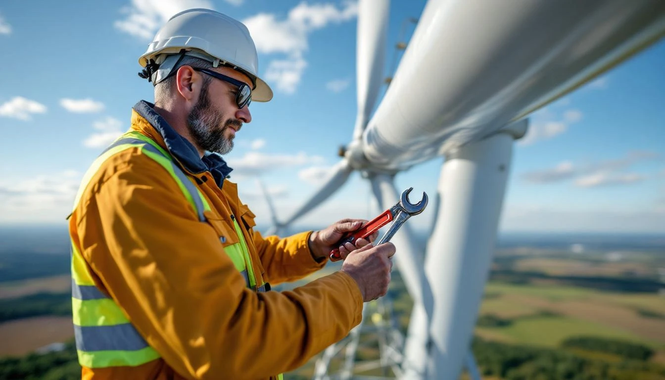 Technician at the top of a tilt-down tower inspecting wind turbine blades.