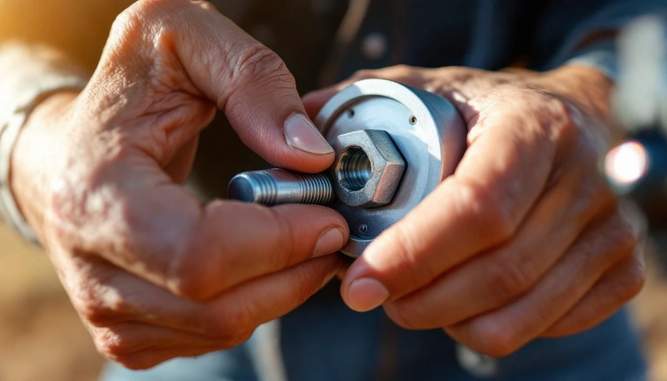 Close-up of a small wind turbine nacelle with a hand tightening a bolt at the hub.