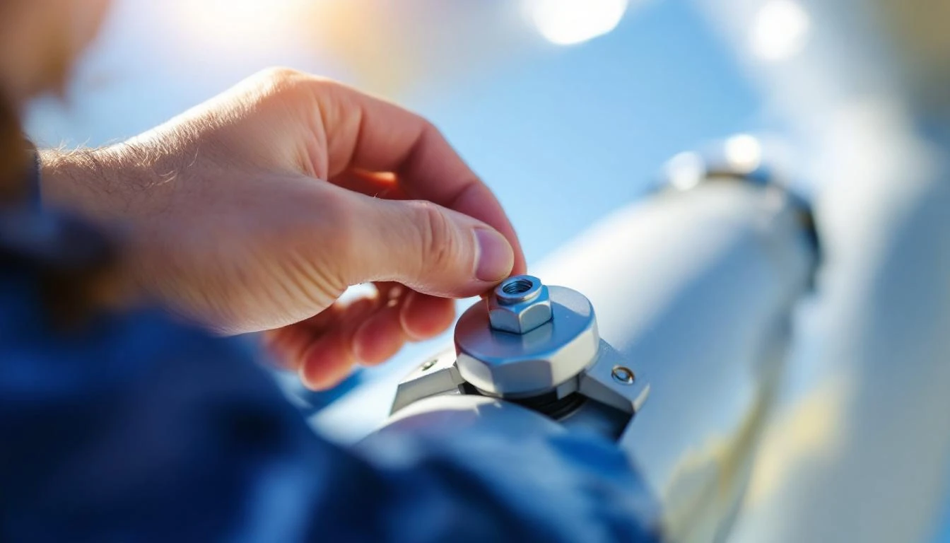 Close-up of a small wind turbine nacelle with a hand tightening a bolt at the hub.