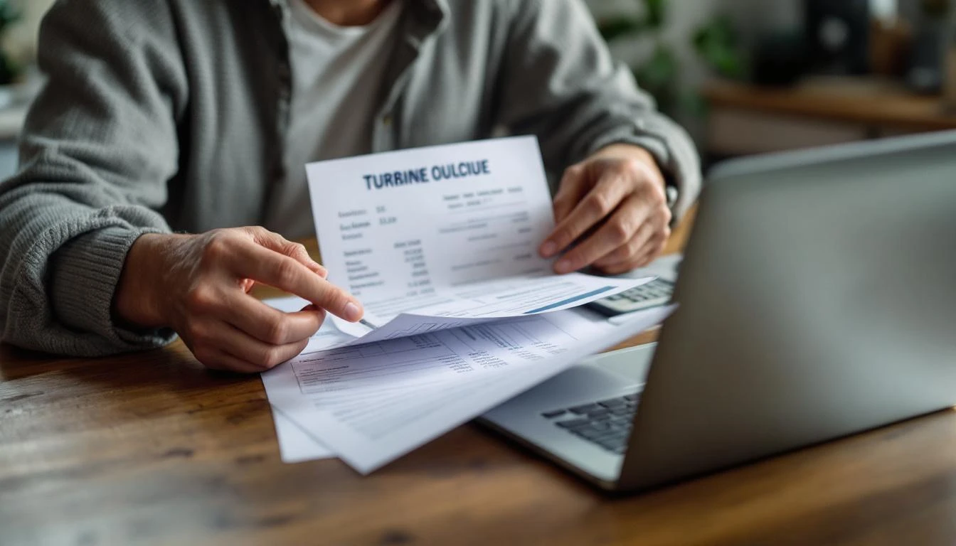Homeowner at a kitchen table comparing an electricity bill against a wind turbine quote.