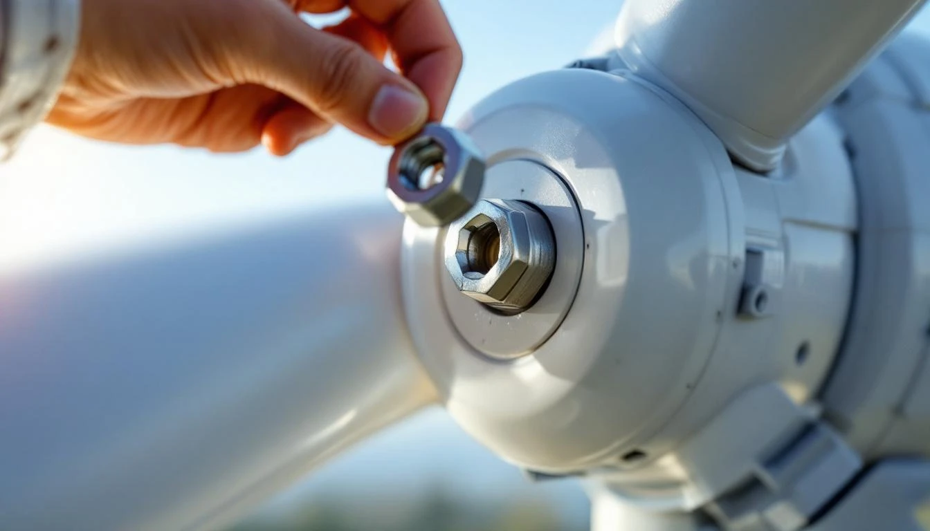 Close-up of a small wind turbine nacelle with a hand tightening a bolt at the hub.