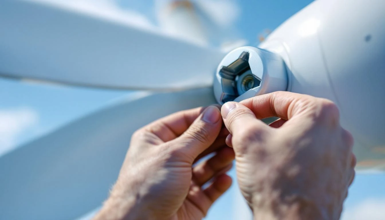 Close-up of a small wind turbine nacelle with a hand tightening a bolt at the hub.