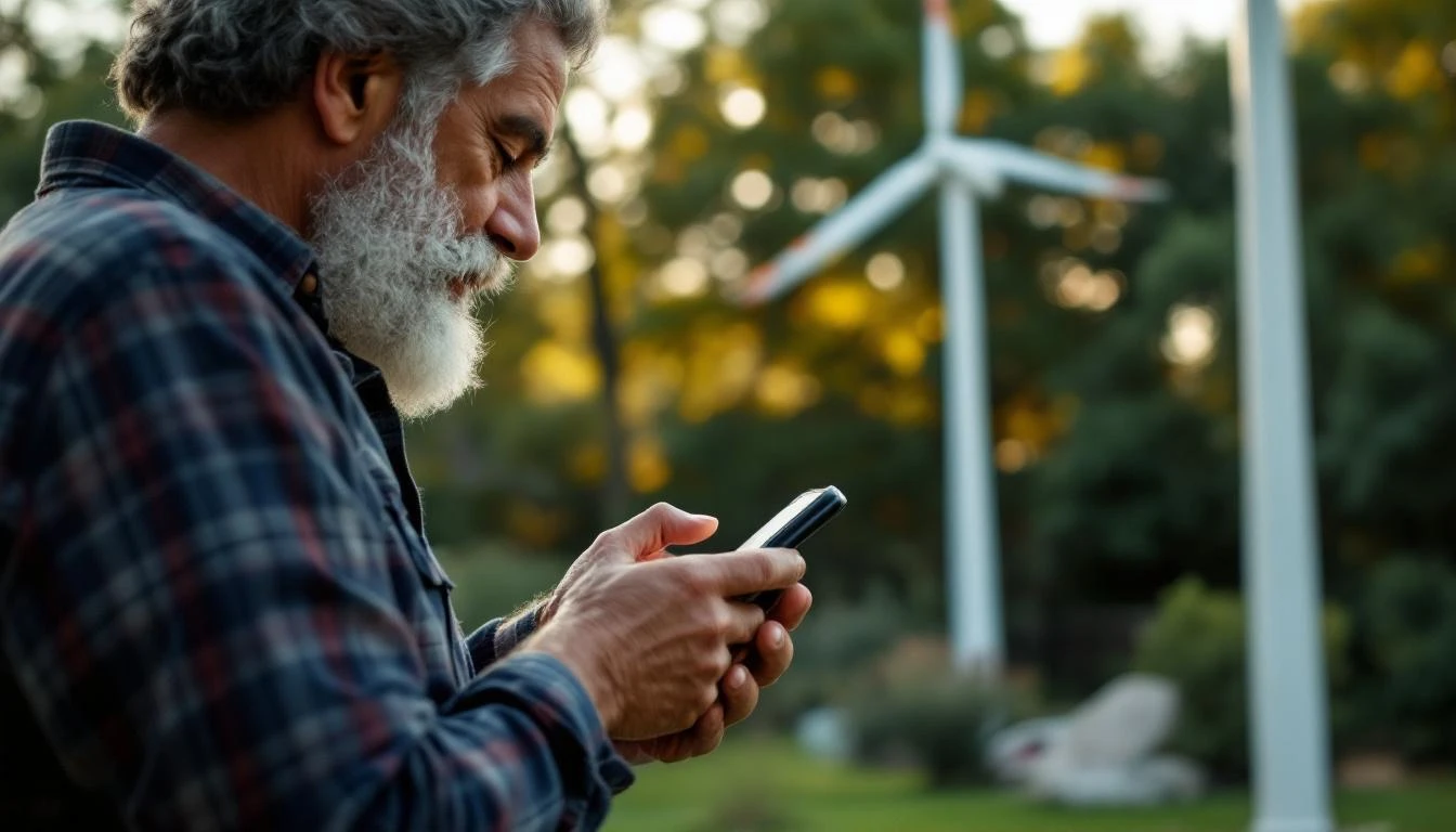 Homeowner using a sound-level meter app in a backyard with a small wind turbine spinning behind.