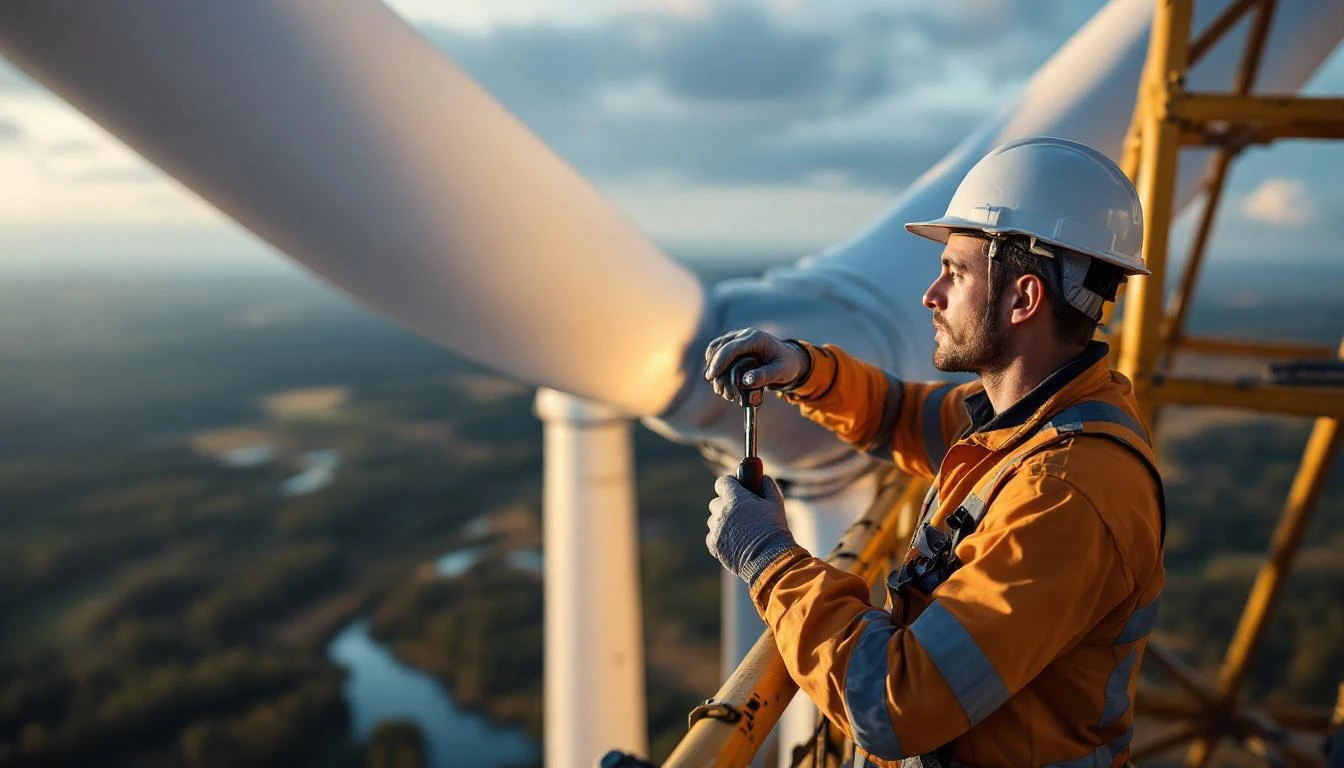 Technician at the top of a tilt-down tower inspecting wind turbine blades.